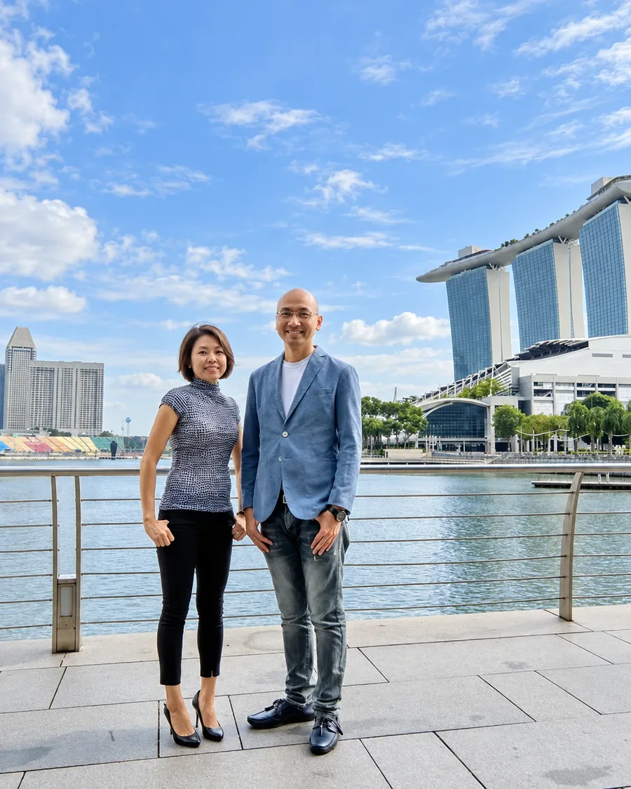 Kia and Catherine, PropNex property advisors, at Marina Bay with Marina Bay Sands behind them